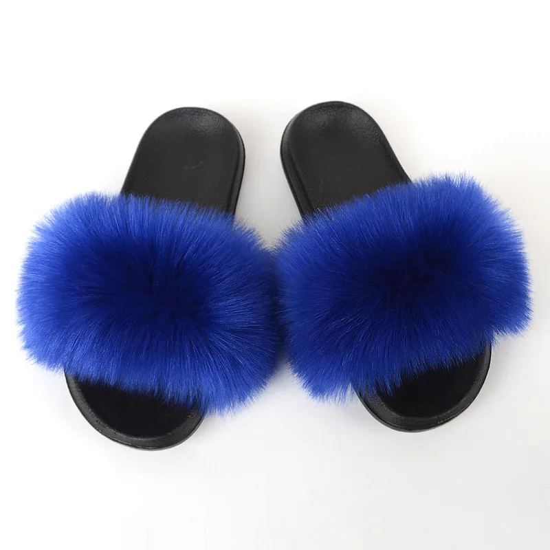 2021 New Summer Girl Luxury Fluffy Flat Slippers Women's Outdoor Furry Faux Fox Fur Flip Flops Women Beach Plush Slides Shoes