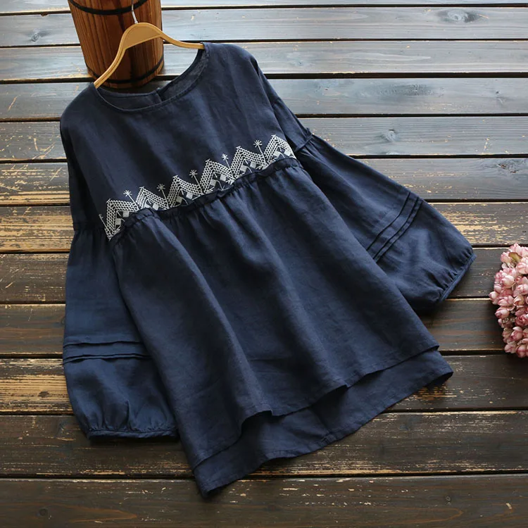 

2020 Autumn Long Sleeve Ruffle Women Vintage Embroidery Blouse Casual O Neck Cotton Linen Shirt Casual Pullover Shirt Top