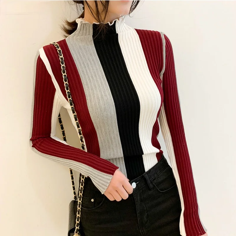 

Rainbow Striped Sweater Contrast Knitted Pullover Long Sleeve Ruffle Turtleneck Jumper 2021 Stretch Slim-fit Sweaters