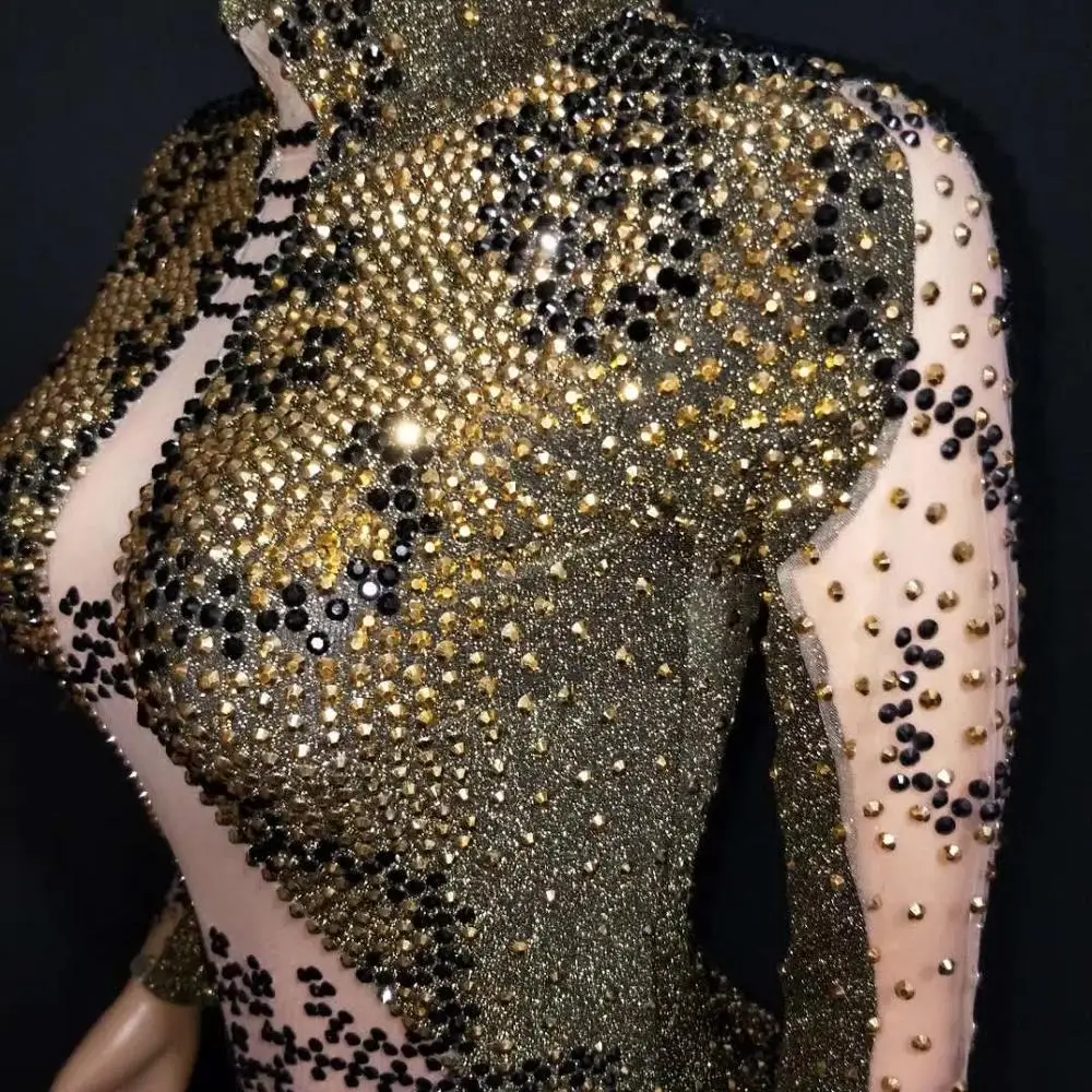 

Sparkly Women Gold Rhinestone Stretch Sexy Custom Dress 2021 Wedding Party Celebrate Singer Competition Performance Costume