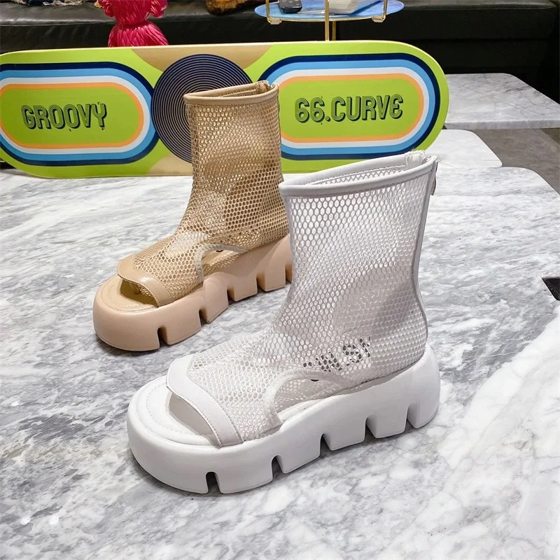 

Breathable Mesh Womens Ankle Boots Summer Fashion Open Toe Platform Sandals Boots Ladies Platform Casual Shoes Back Zipper