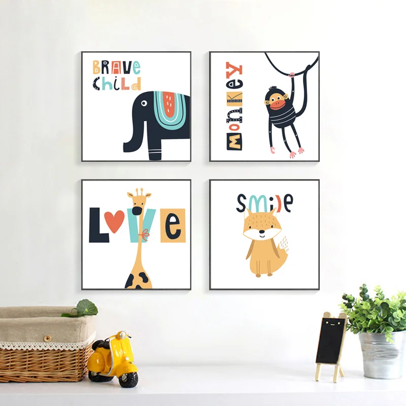 

Colorful Cartoon Animal Giraffe Monkey Elephant Bird Canvas Painting Wall Picture Print Poster Living Children’s Room Decoration