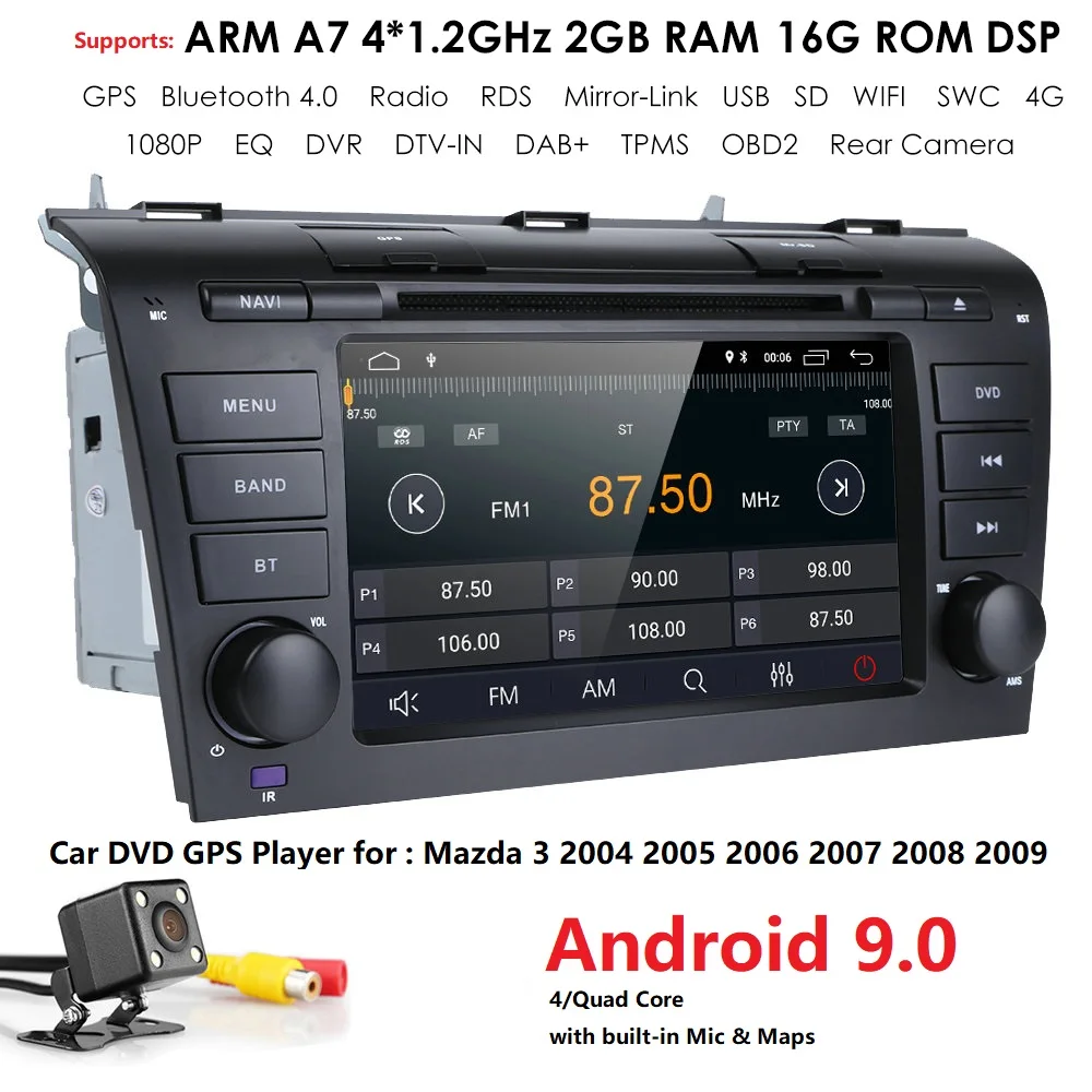 1024*600 2G+ 16G Android9.0 gps navi автомобильный dvd-плеер Радио стерео для MAZDA 3 2004-2009 wifi DAB Mirrorlink задняя камера SWC DVR 4G