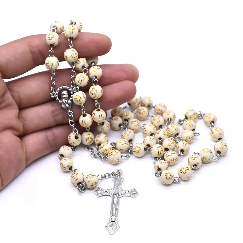 

8mm Cross Pink Spotted Rosary Pendant Necklace Catholic Christian Party Wedding Prayer Bead Religious Chain Jewelry
