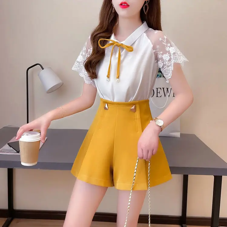 

Women 2021 Summer New Fashion Two-piece Sets Female Solid Color Chiffon Shirt Ladies High Waist Loose Wide-leg Shorts Suits Y186