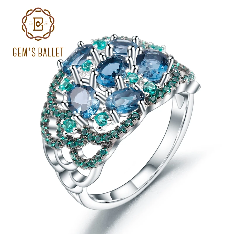 Женское кольцо в стиле ар деко GEM'S BALLET с натуральным голубым топазом из