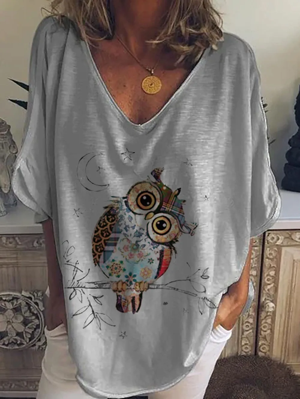 

Hot Sale Sexy V Neck Owl Print Women Casual T-shirt Summer solid color Batwing Sleeve Loose Tops