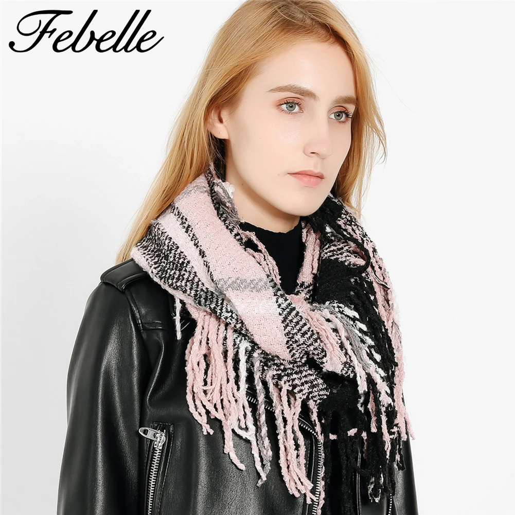 Febelle, зимний женский клетчатый шарф, кашемировый вязаный снуд, шарф, теплый, Сарф, бесконечность, шарфы, шейный платок, кольцо, шарф для женщин