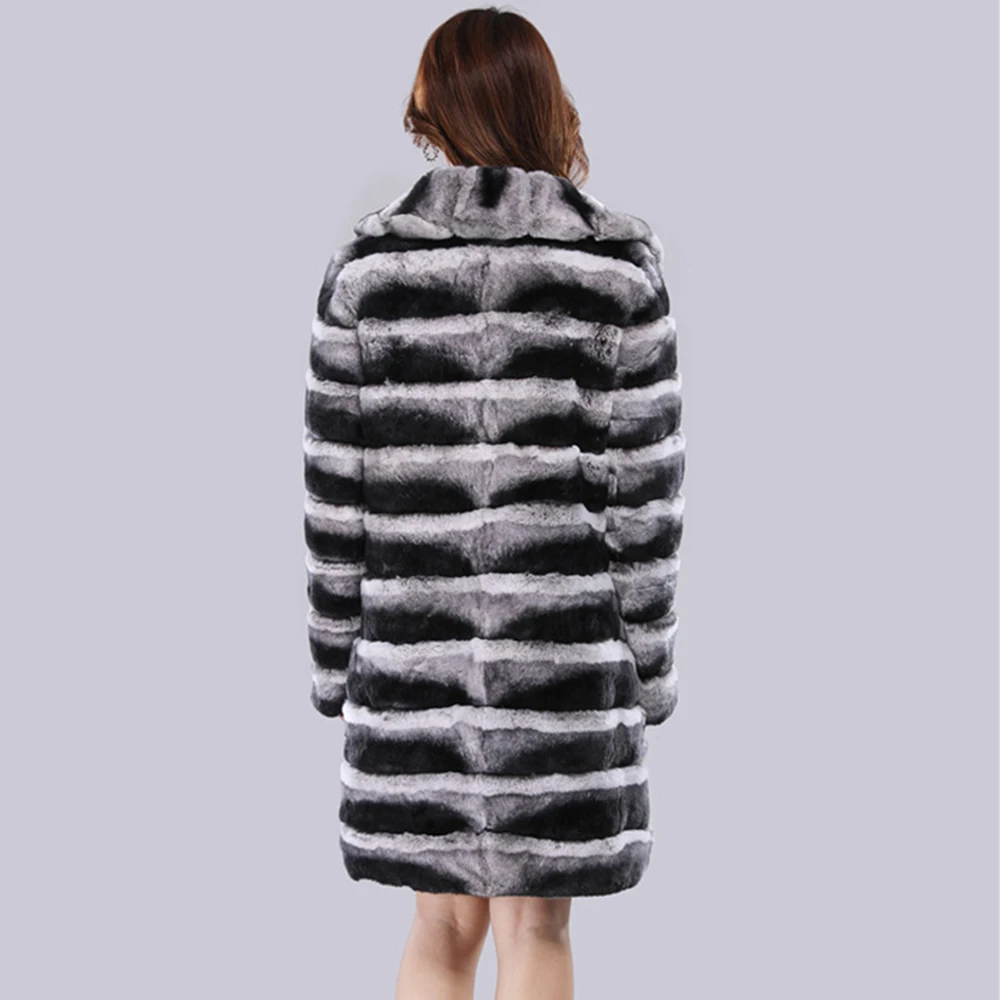 

New Arrivals Women's Fashion Rex Rabbit Fur Long Coats Luxury Chinchilla Jackets With Collar Female Overcoats S9105