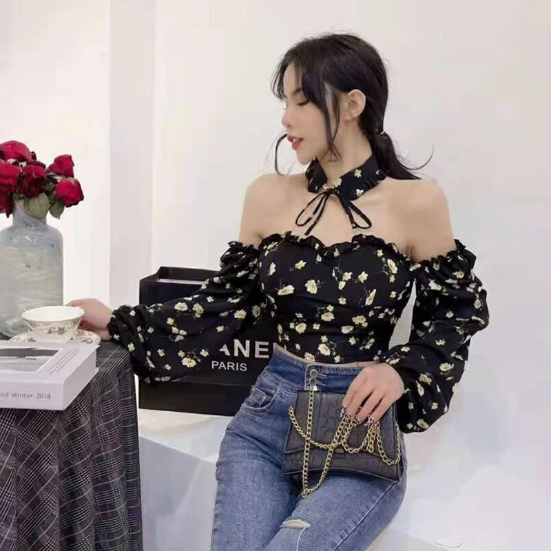 

Floral Print Tie Top Blouses Shirt Square Collar Puff Sleeve Elegant Vintage Sexy Shirt Tops Chic Gothic Blouse Open Navel Shirt