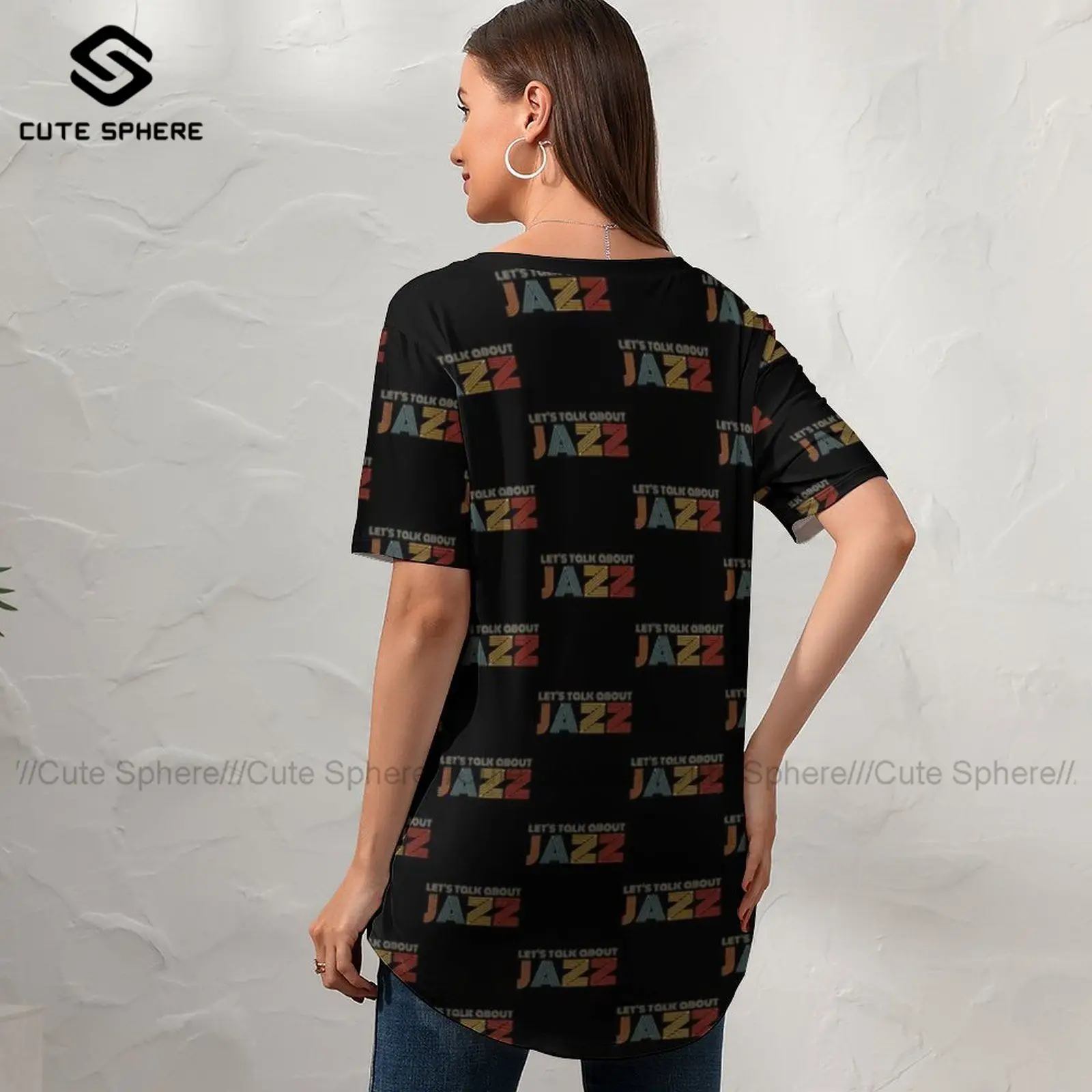 

Jazz Tshirt Trendy Short-Sleeve Lady T Shirt Street Style V Neck Graphic T-Shirt Large