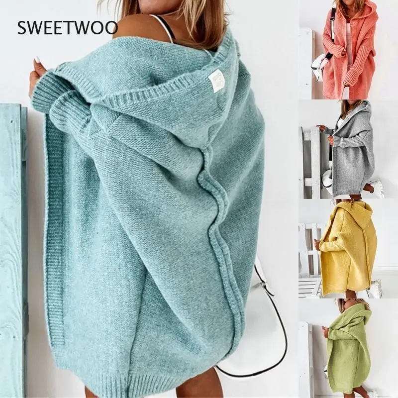

Mid-Length All-Match Cardigan Women Korean Fashion Loose Batwing Sleeve Sweaters Autumn New Loose Hooded Sweater Women's Jacket