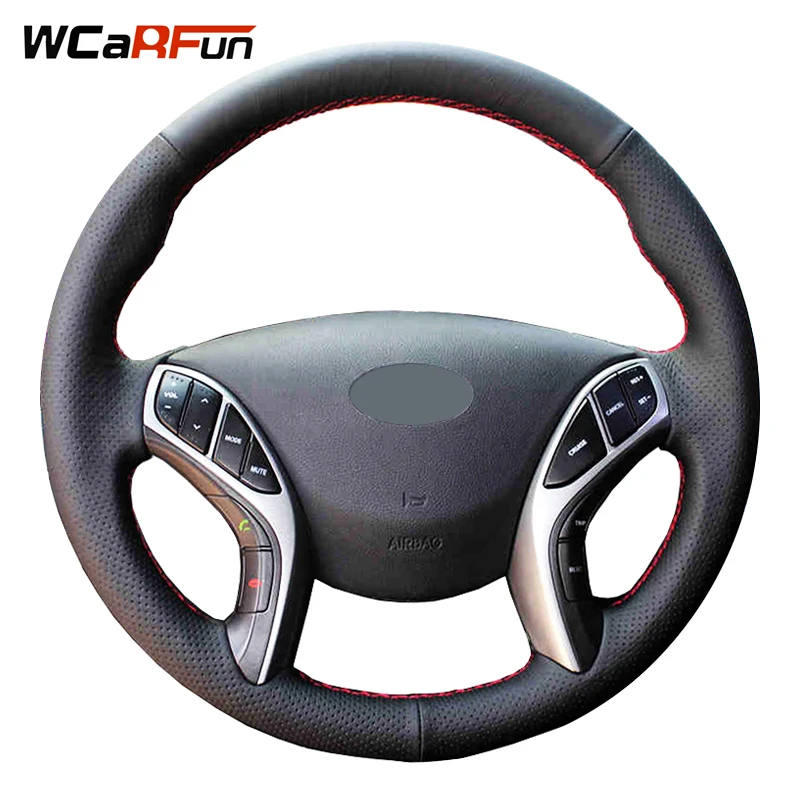 

WCaRFun Black Artificial Leather Hand-Stitched Auto Car Steering Wheel Cover for Hyundai Elantra 2011-2016 Avante i30 2012-2016