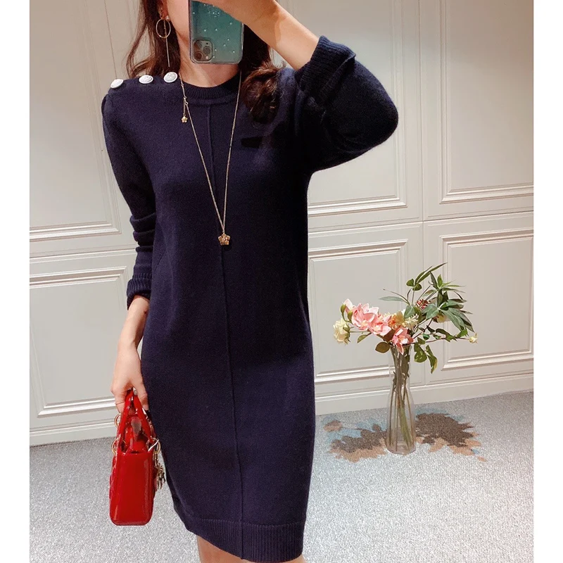 

Women Dress Simple Thin Shoulder White Button Loose Fit Casual Wool Dress