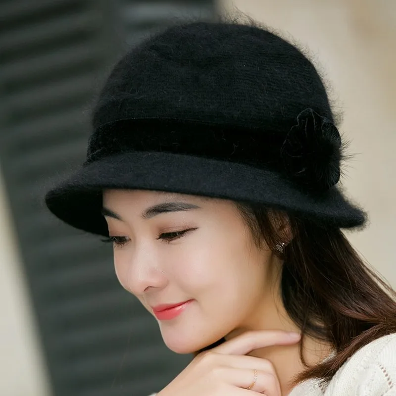 H7773 Women Warm Bucket Hat Female Winter Rabbit Hair Fisherman Cap Middle Age Mother Autumn Winter Thickened Plush Basin Hats