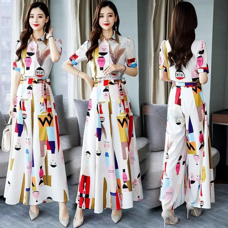 

Plus Size Women Short Sleeve Shirt Pant Suits 2021 New Fashion Summer Chiffon Printed Dots Top Wide Leg Skirt Pants 2 Piece Sets