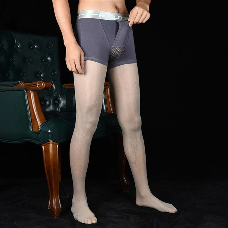 Enlarge Men Sexy 2 in 1 Underwear Stocking Hollow Out U Convex Pouch Stockings COCkring 912 Pin Oil Glossy Shiny Panties Tight Plus Size