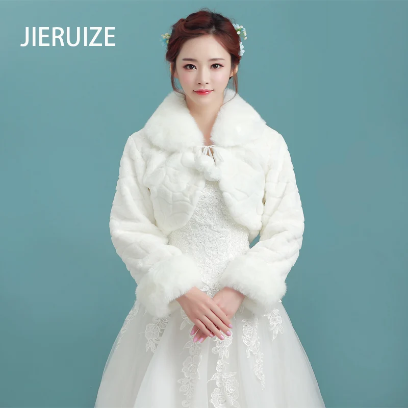 

JIERUIZE Winter Wedding Bridal Bolero Warm Faux Fur Wrap Long Sleeves Wedding Jacket Lady Thick Party Cape