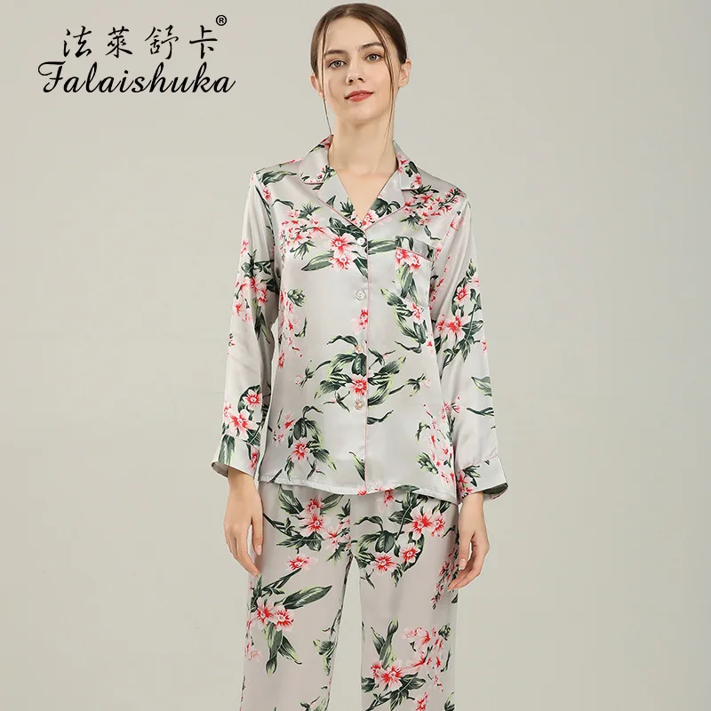 Woman Silk Pajamas Sets Sleepwear Two Pieces Set Floral Print 2021 New Summer Full Sleeve Lady Silk Home Wear Sleepwears