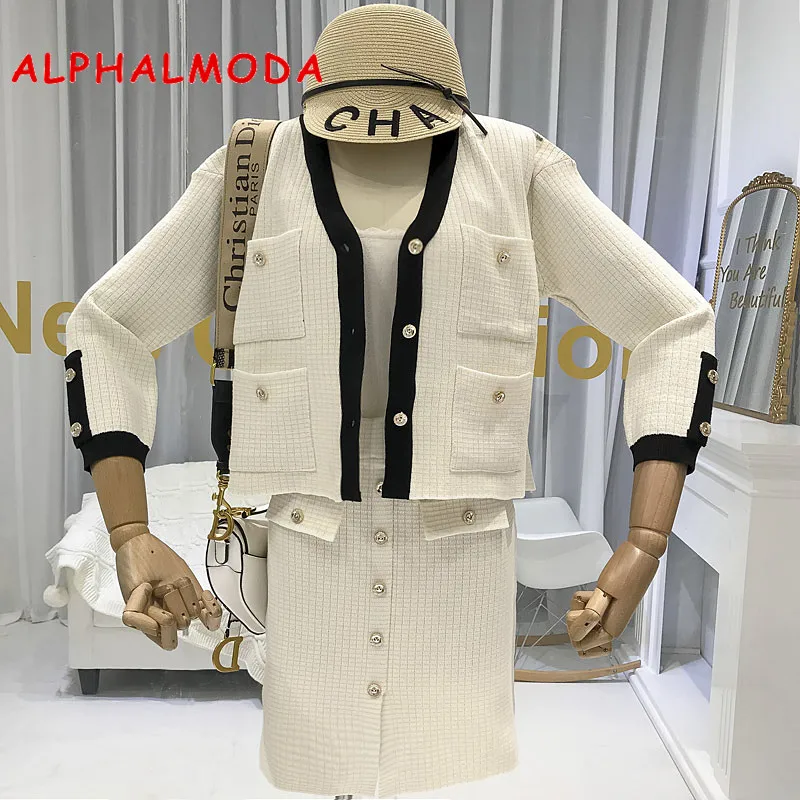 Женский вязаный костюм ALPHALMODA элегантный во французском стиле ретро с карманами