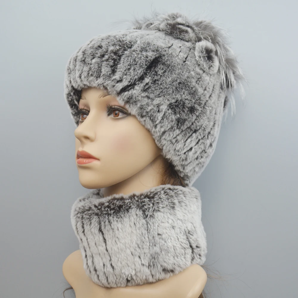 

New Women Winter Real Rex Rabbit Fur Hat Scarf 2 Pieces Knitted Rex Rabbit Fur Hat Top Natural Rex Rabbit Fur Cap Scarves Sets