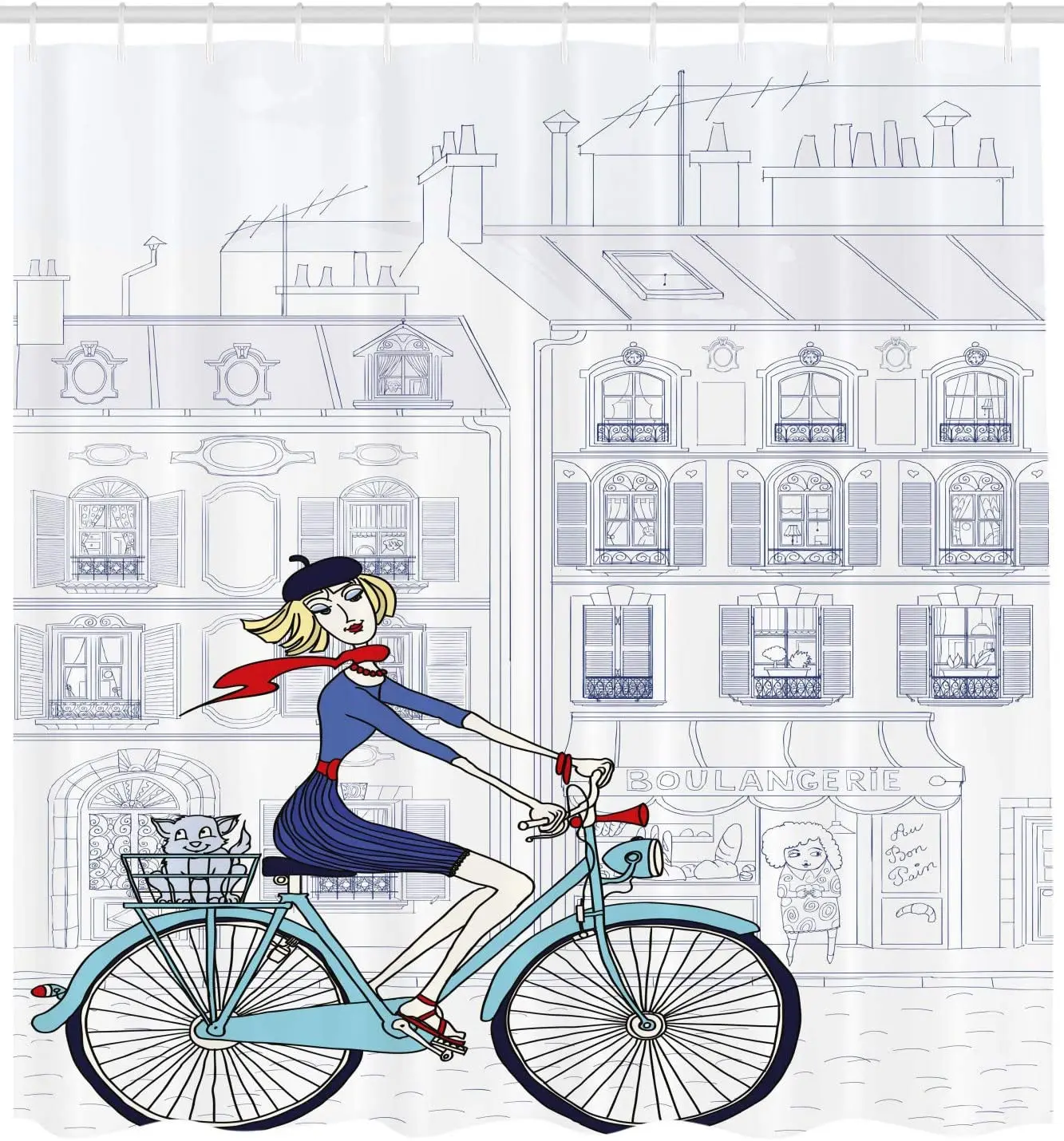 Белого и синего цвета Париж душ Шторы женщины езда на велосипеде Парижа с