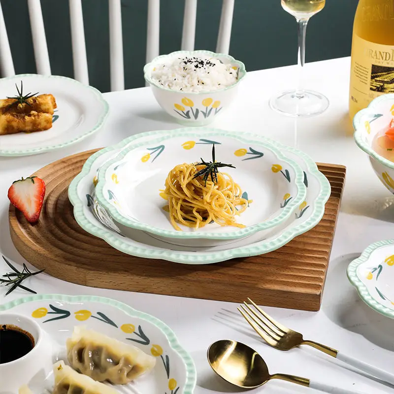 

Tulip Dish Plate Set Household Combination Creative Rice Bowl Soup Plate Ceramic Bowl Dumpling Plate