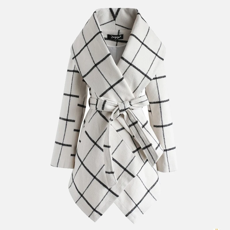

Plaid Irregular Women Coats Belt Long Sleeve Plus Size Female Woolen Coat New 2020 Autumn Streetwear Lady Clothes Outwear 5XL