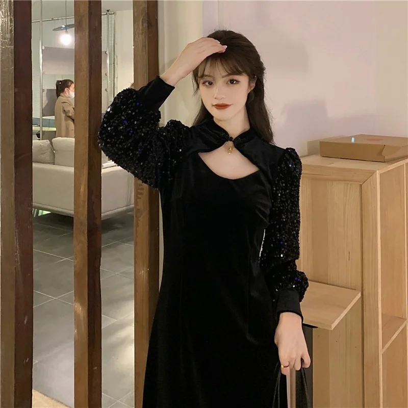Clothing Harajpoo Female Vintage Elegant Black Sequin Stitching Velvet 2022 New Temperament Waist Harajuku Sexy Mid-Calf Dresses | Женская