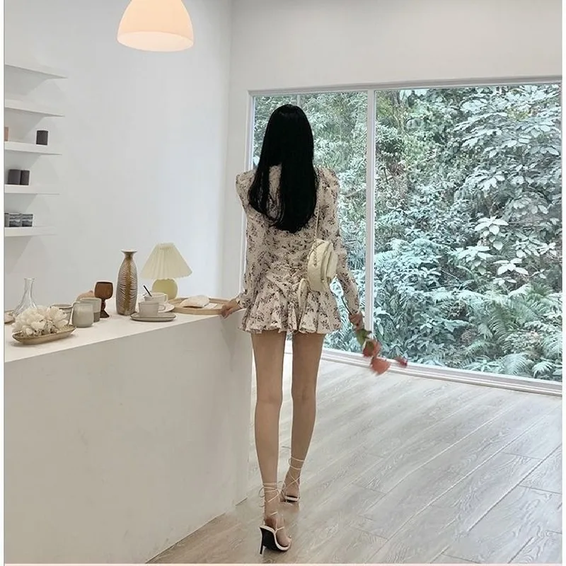 

Suofun New Floral Long Sleeve Folds V-Neck French Vintage High Waist Elegant Fashion A-Line Female Clothes Mini Dress For Women