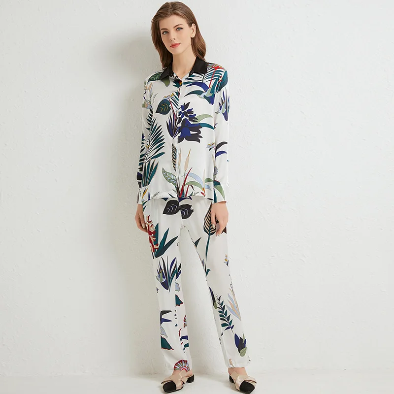 Maison Gabrielle Palm Leaf Printed Silk Pajamas Set 100% Pure Mulberry Silk 2 Pieces Long Sleeve Women's Loungewear Sleepwear