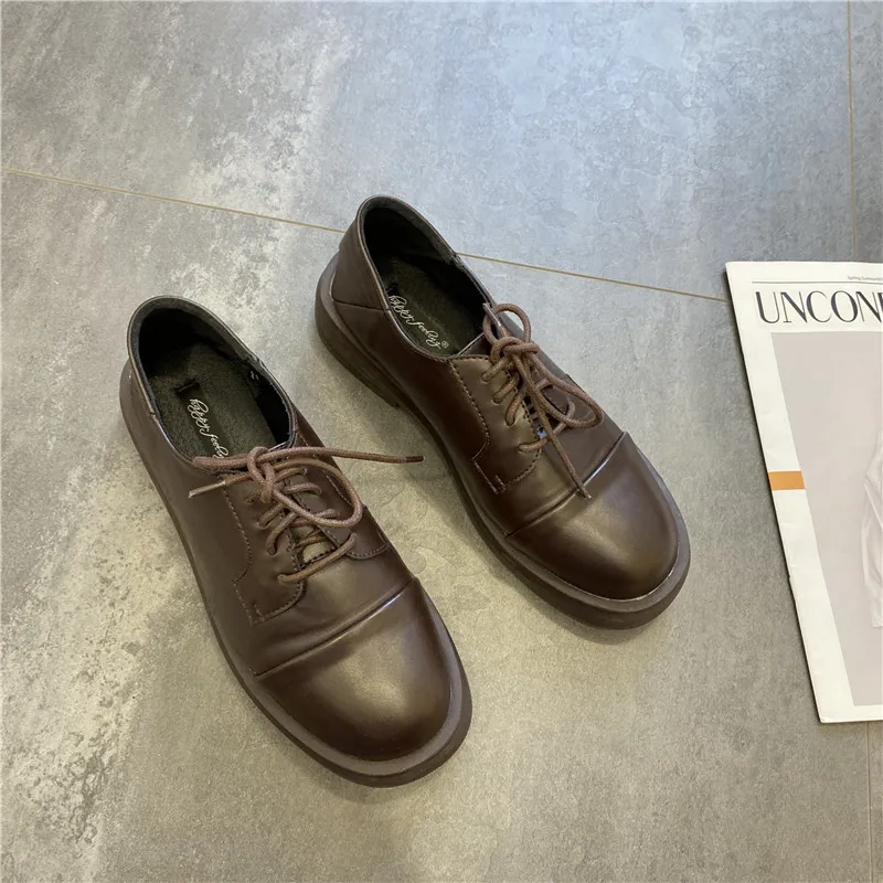 

2021 New Women Shoes Solid Black Leather Oxford Shoes Woman Lace Up High Heels Thick Bottom Flat Platform Loafers Casual Shoes