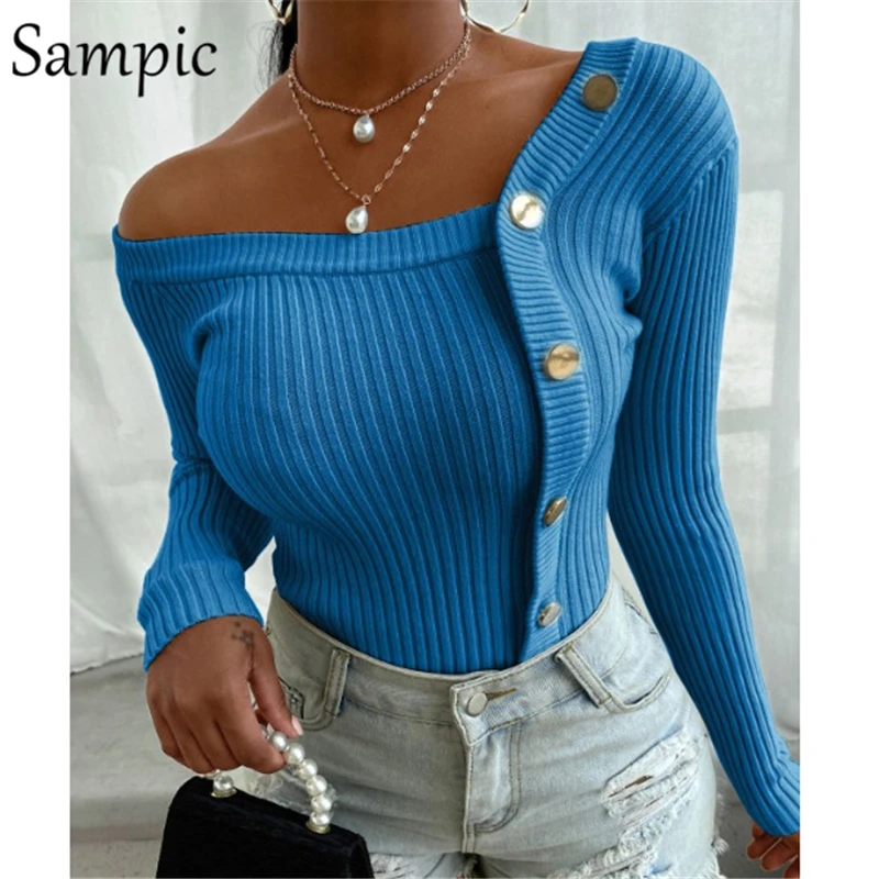 Женский вязаный джемпер на пуговицах Sampic белый с длинными рукавами и открытыми