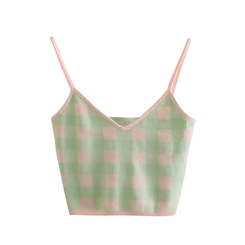 

Womens Knit Tube Top Spring 2021 Fashion Trendy Cropped Shirts with Straps Cute Green Plaid Small Vests Sexy Tanks Teenage Girls
