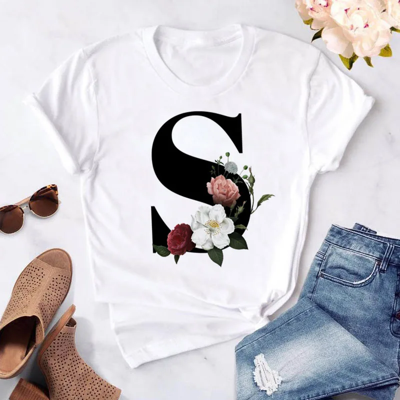 

New Women T Shirt Custom Name Letter Combination Women Tshirt Flower Letter Font A B C D E Short Sleeve Tops Tee Female T-shirt