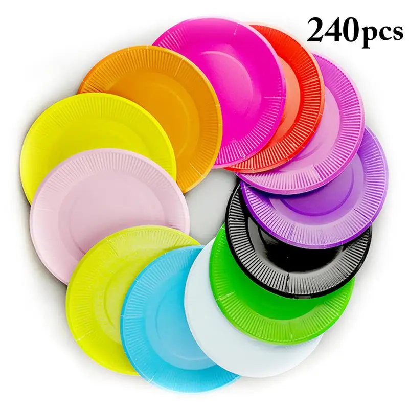 

240pcs Multi-Colored Disk Disposable Plates Cake Paper Pan DIY Decoration For Kids Birthday Party Wedding Tableware Supplies
