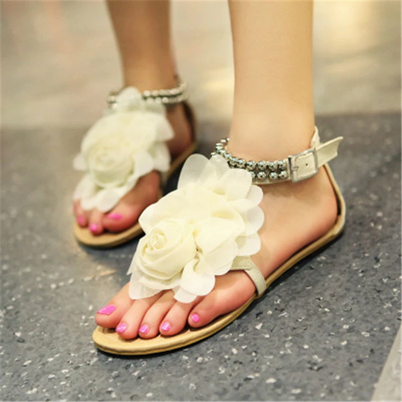 

Siddons 2020 New Arrival Women Summer Flats Sandals Open Toe Flowers Ankle Strap Ladies Party Shoes Woman String Beads Sandals