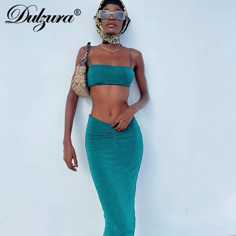 

Dulzura 2021 Summer Women Pure Color 2 Pieces Strap Crop Top Ruched Midi Skirt Set Bodycon Sexy Elegant Party Holiday Outfit