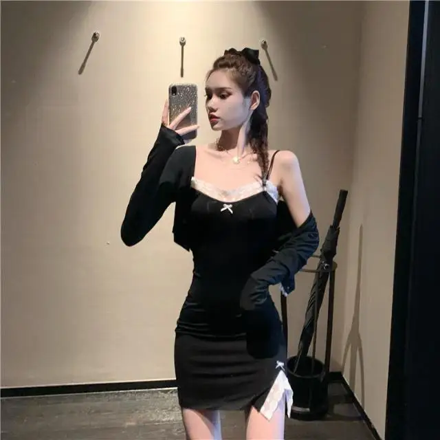 

Sexy Suit Spring and Autumn Lace Edge Slit Hot Girl Suspender Dress Fashion Two-Piece Suit