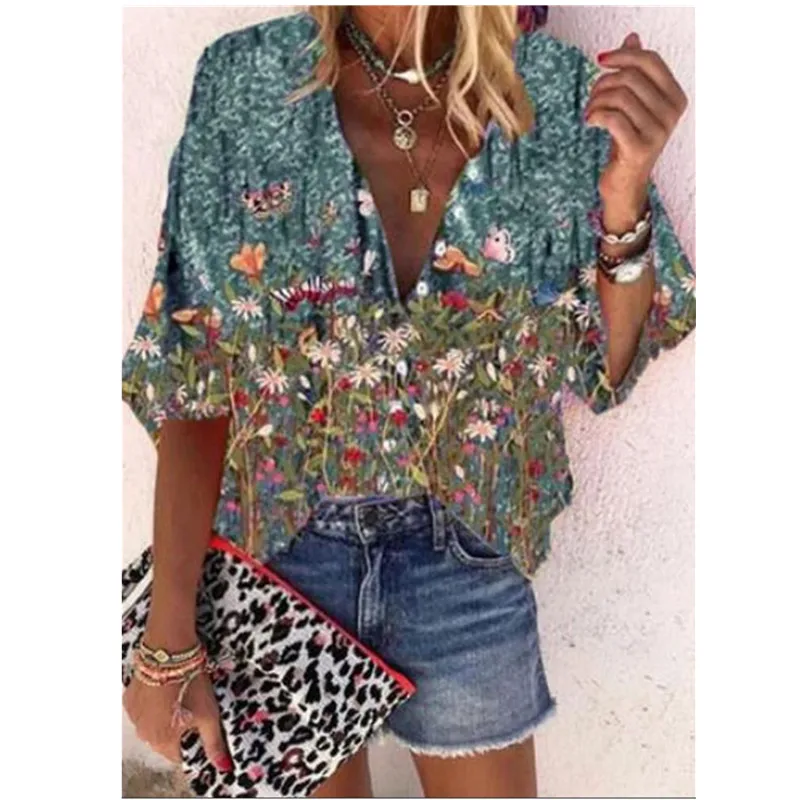 

Women's Floral V-Neck Half Sleeve Blouses