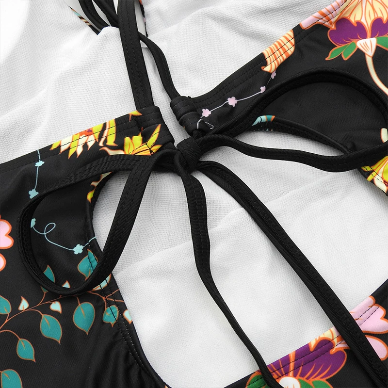 

2021 New Women One Piece Swimsuit Plus Size Sexy Backless Strappy Bikini Flower Pattern Swimwear for Female Girls Beachwear