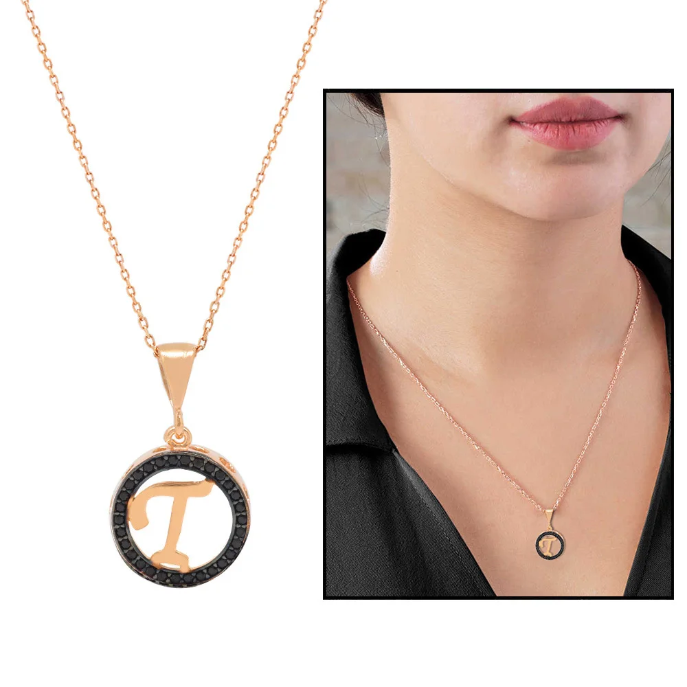 

3d Design Black Zircon Stone 925 Sterling Silver Letter Necklace "T"