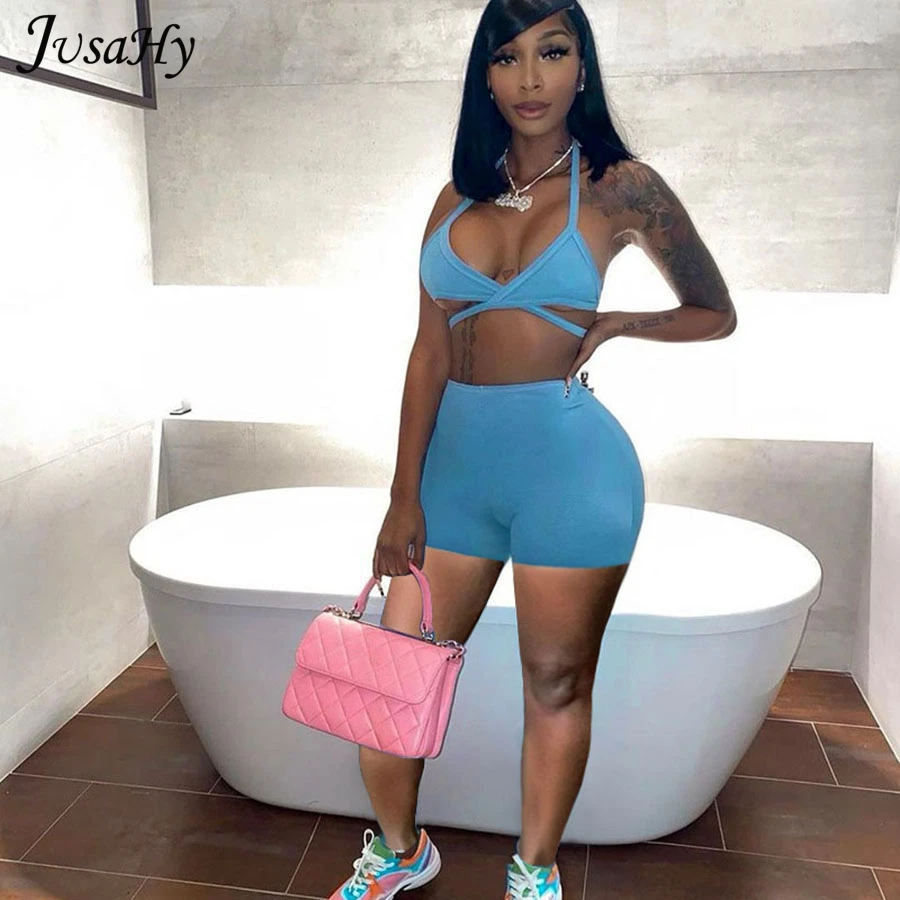 

JusaHy Solid Sexy Hollow V-Neck Cross Halter Women Two Piece Sets 2021 Summer Fashion Slim Sleeveless Backless Streewear Outfits