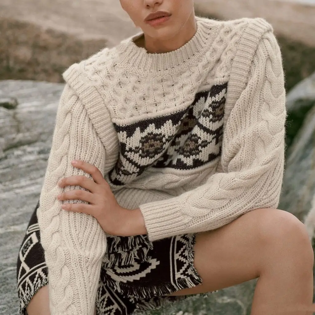 

Fall/winter New 2021 Style Retro Coarse Cable Flower Gentle Loose Pullover Knitted Women's Sweater