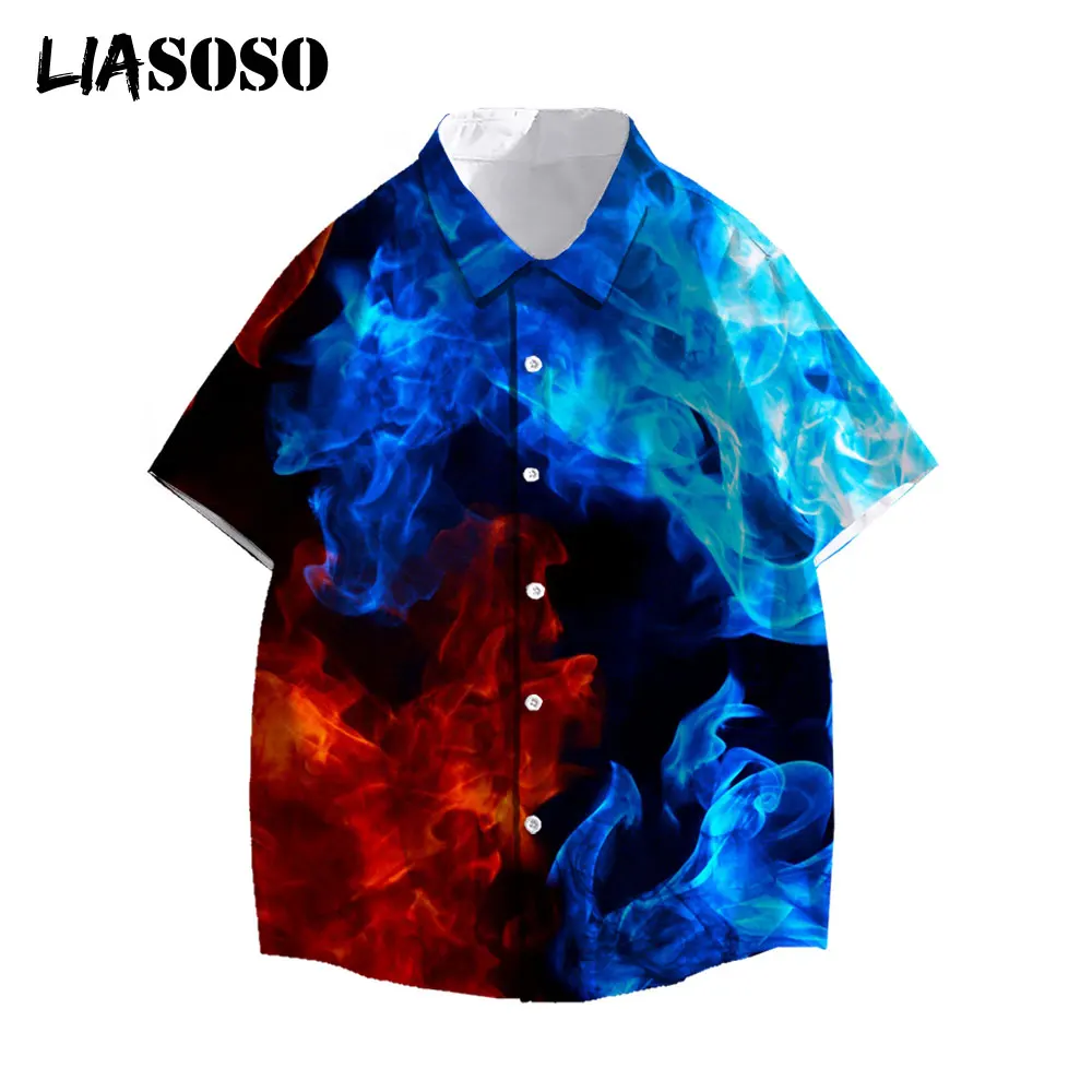 

LIASOSO Summer Men Women Casual Shirts Fashion Short-Sleeve Shirts Holiday Streetwear Art Flame 3D Print