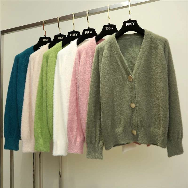 Женский кардиган осень 2019 Пушистый черный вязаный свитер уличная винтажная
