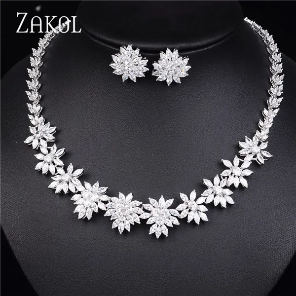2 PCS Set White ZAKOL классические циркониевые наборы свадебных ювелирных изделий в форме цветка 4 шт. ювелирные изделия для женщин юбилей вечерние FSSP225 - Окраска металла: 2 PCS Set White
