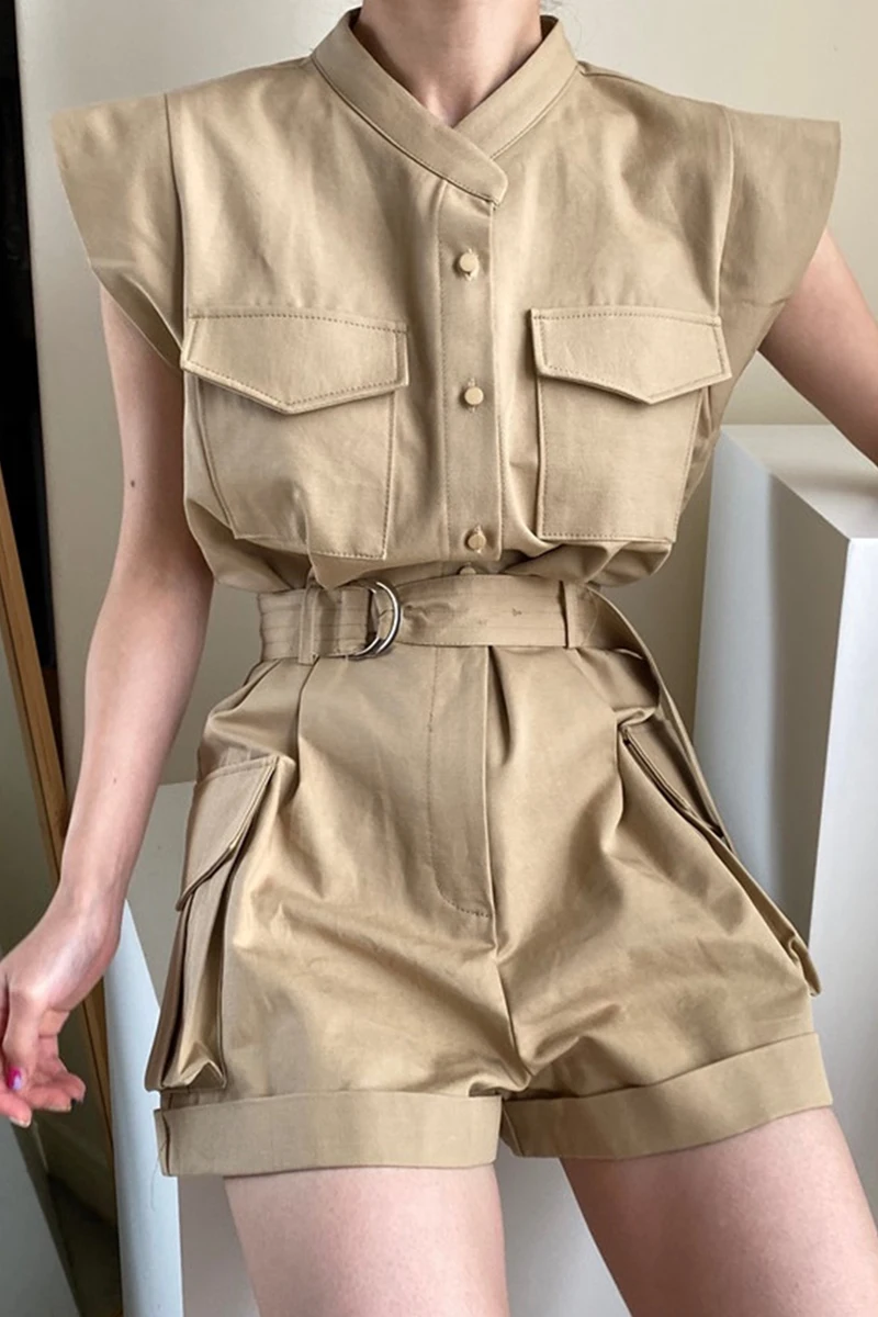 

Korean chic retro temperament open line design stand-up collar single-breasted lace-up waist flying sleeve tooling overalls