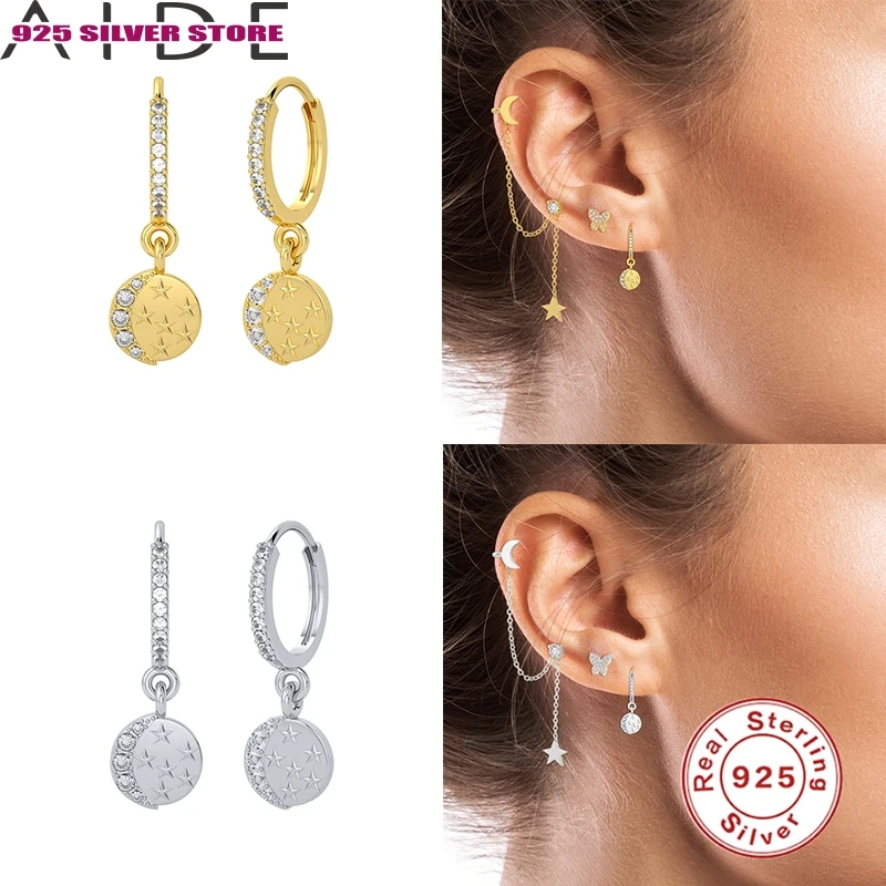 

Aide 1 Pair 925 Silver Huggie Earrings For Women Moon Star Print Hoop Earrings Set Round Micro-inlaid Zircon Gift Pendientes