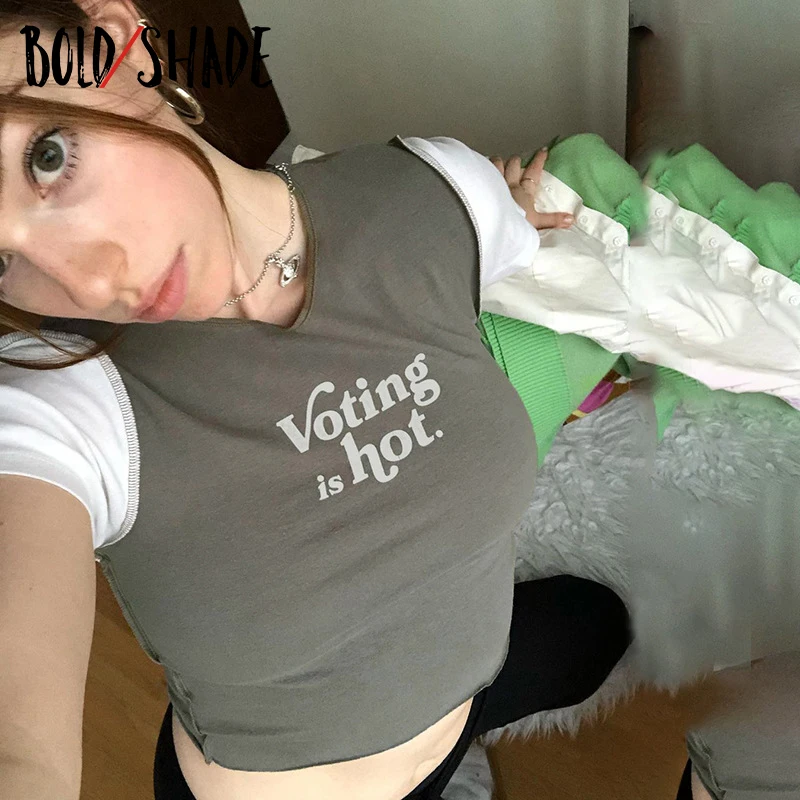 

Bold Shade Preppy Style 90s Patchwork T-shirt Short Sleeve Letter Print Crop Tops Slim y2k Skater Girl Fashion Crewneck Tee 2020